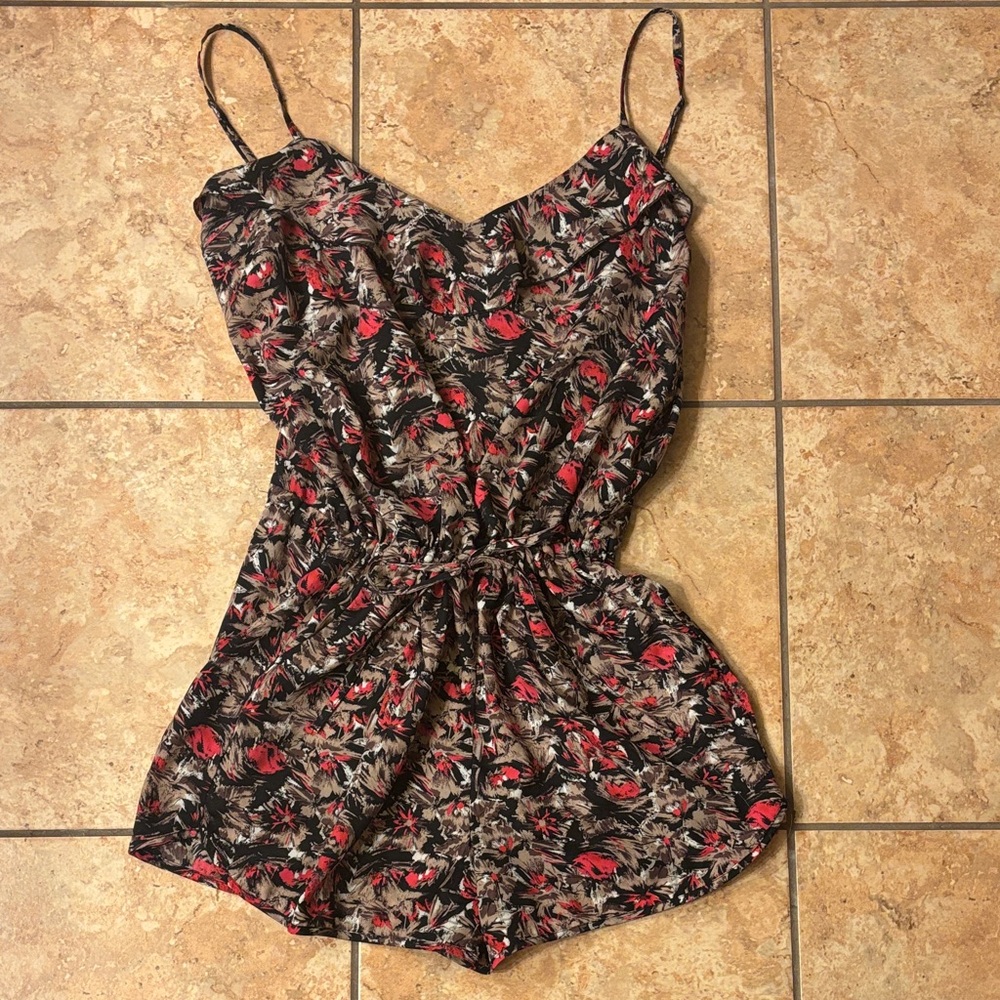 Kimchi Blue Abstract Floral Romper - Red Tan and Black